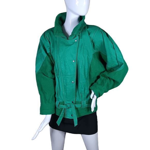 Vintage Winlit Women Jacket Size Medium Green Felt and Leather Panelsd - Picture 2 of 16